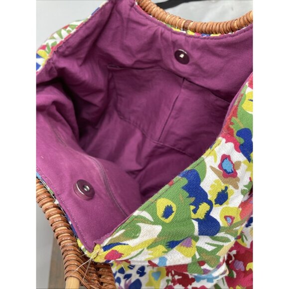 Large Antique Wicker & Canvas Handbag Colorful Floral Boho Beach Vacation - Picture 7 of 13